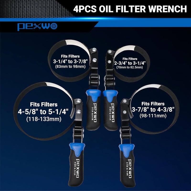 pexwo 8PC Oil Filter Wrench Set - Swivel Wrenches (2-3/4" to 5-1/4") + Adjustable Pliers (9" & 12") + 3-Jaw Removal Tool w/ 1/2" & 3/8" Adapter - Universal Oil Filter Removal Kit - Image 2